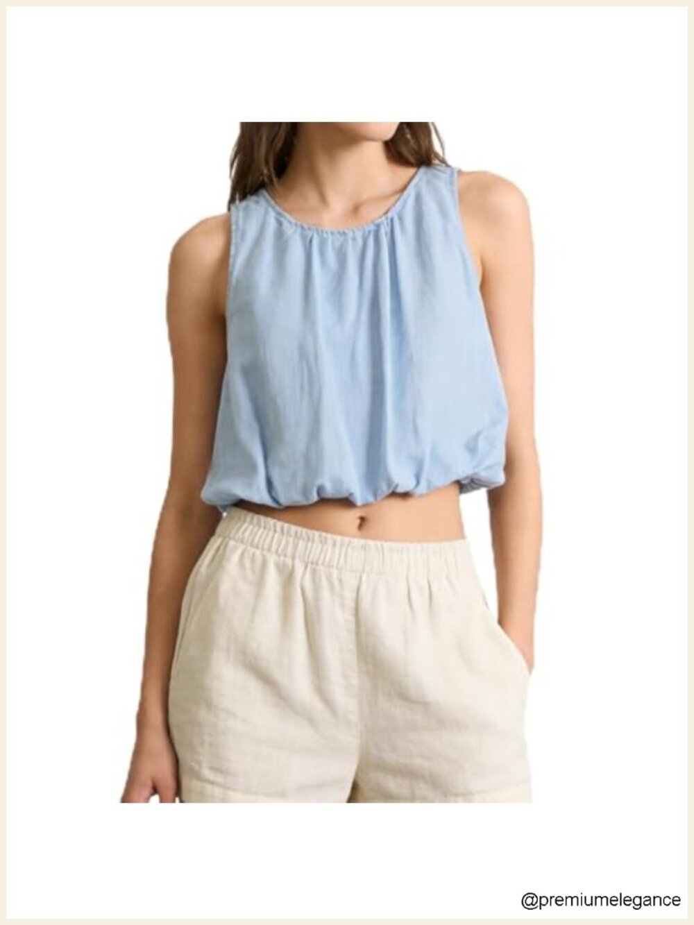 Linen Bubble Hem Crop Tank Top Sleeveless Crewneck Back Button